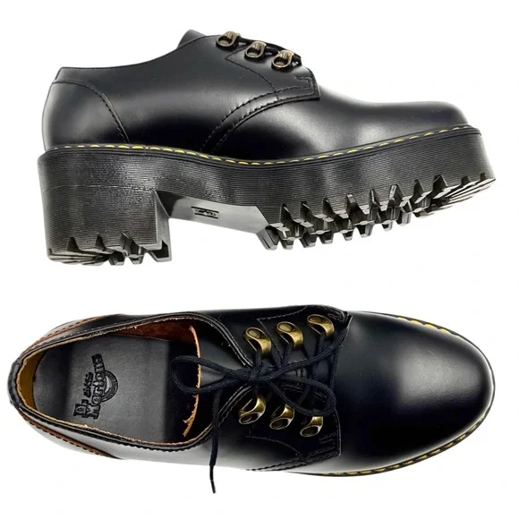 Dr. Martens Leona Low Platform Derby Shoes - Black Vintage Smooth Leather Size 9